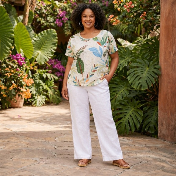 Cynthia Rowley Tops - Cynthia Rowley 100% Linen Tropical Floral T-Shirt Womens Plus Size 2X Resort